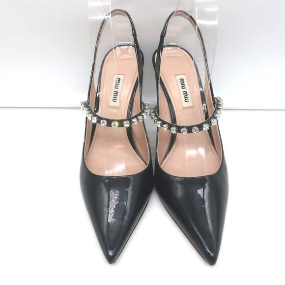 Miu Miu Crystal-Strap Pumps Black Patent Leather Size 37.5 Pointed Toe Heels - Picture 5 of 13